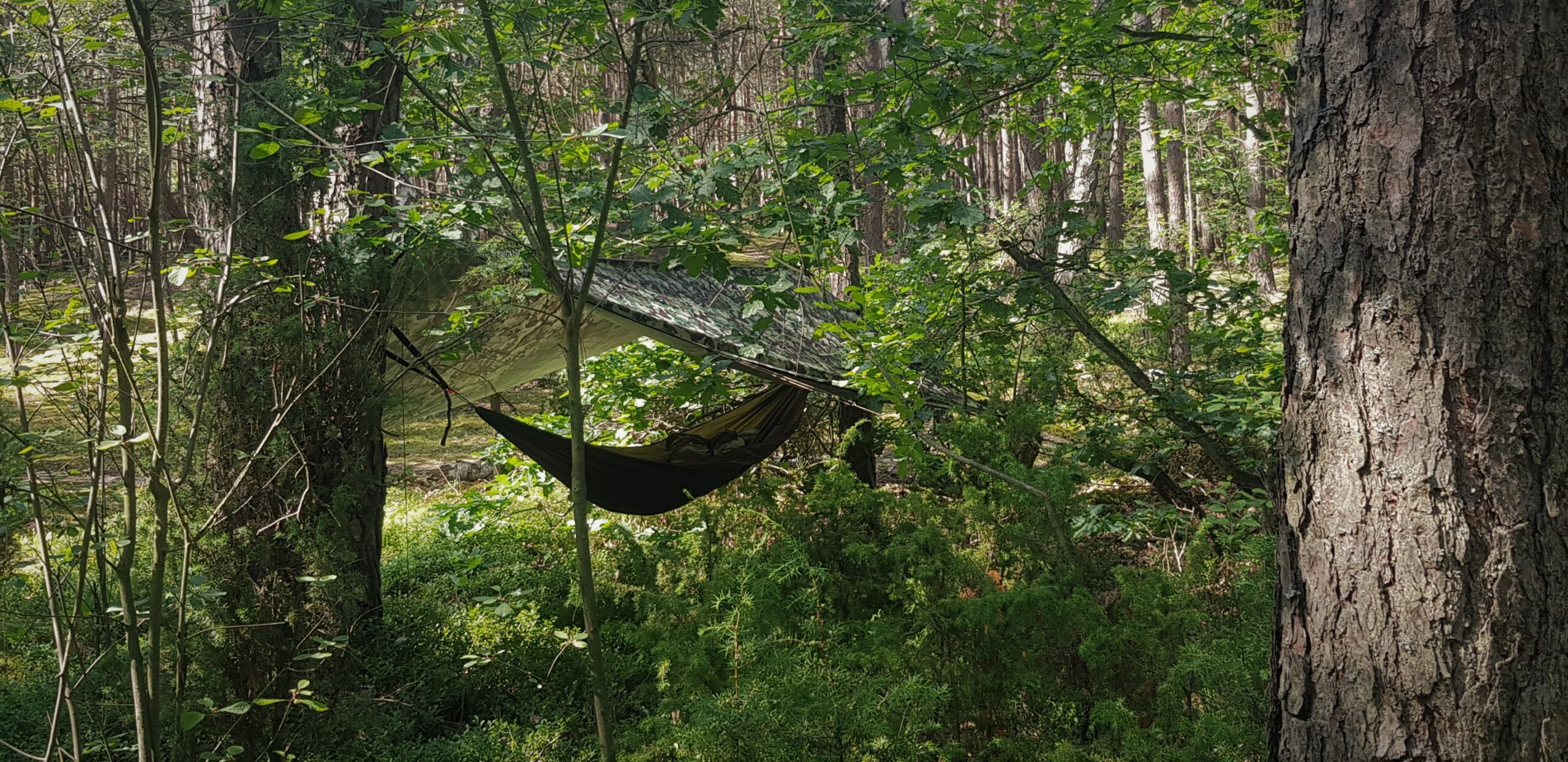 THERMO-Tarp™ 3×3 / camo 4 3x3 THERMO Tarp CAMO as hammock shelter scaled THERMO-Tarp™ 3×3 / camo - Image 4